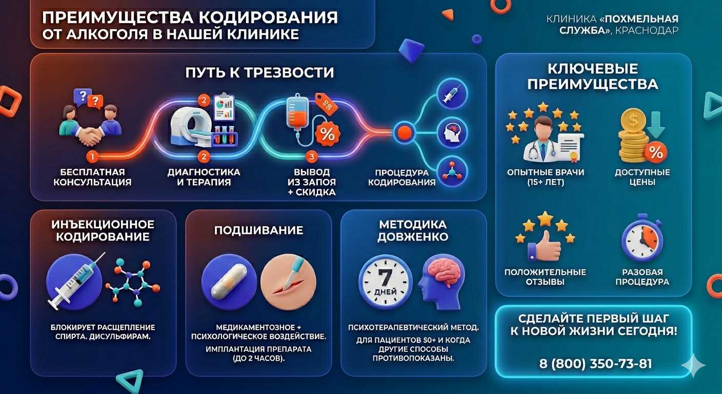 Инфографика о методах кодирования от алкоголя в : инъекции, подшивание, метод Довженко. Преимущества клиники и этапы лечения.