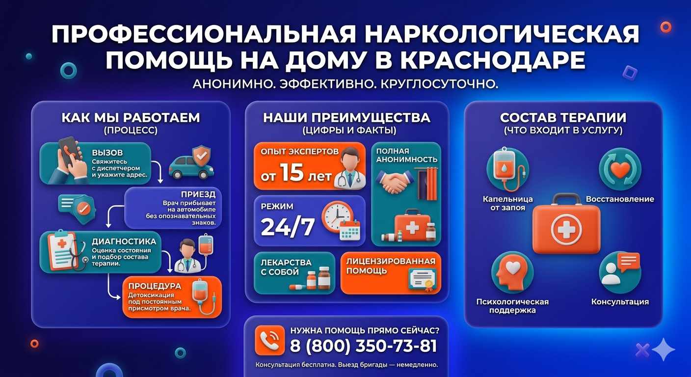 Инфографика о принципах лечения алкоголизма на дому в : этапы вызова нарколога, преимущества анонимной детоксикации и состав медицинской помощи.